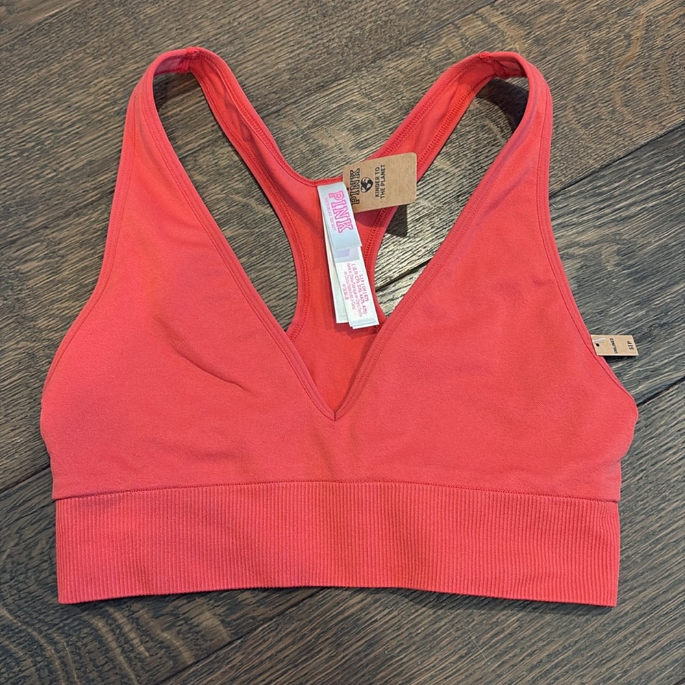 New PINK Deep V-neck Bralette Size Small Coral Racerback